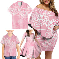 Aotearoa Maori Koru Curves Family Matching Off Shoulder Short Dress and Hawaiian Shirt Silver Ferns - Rose Pink LT7 - Polynesian Pride