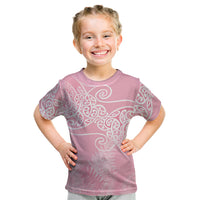 Aotearoa Maori Koru Curves Kid T Shirt Silver Ferns - Rose Pink