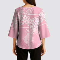 Aotearoa Maori Koru Curves Kimono Sleeve Blouse Silver Ferns - Rose Pink