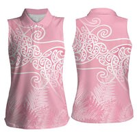 Aotearoa Maori Koru Curves Women Sleeveless Polo Shirt Silver Ferns - Rose Pink