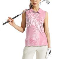 Aotearoa Maori Koru Curves Women Sleeveless Polo Shirt Silver Ferns - Rose Pink