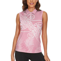Aotearoa Maori Koru Curves Women Sleeveless Polo Shirt Silver Ferns - Rose Pink