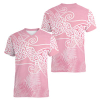 Aotearoa Maori Koru Curves Women V-Neck T-Shirt Silver Ferns - Rose Pink