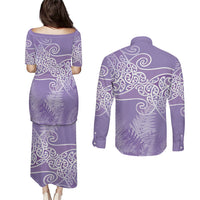 Aotearoa Maori Koru Curves Couples Matching Puletasi and Long Sleeve Button Shirt Silver Ferns - Amethyst