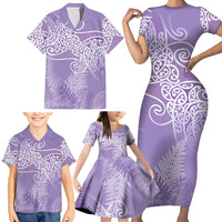 Aotearoa Maori Koru Curves Family Matching Short Sleeve Bodycon Dress and Hawaiian Shirt Silver Ferns - Amethyst LT7 - Polynesian Pride