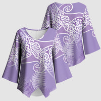 Aotearoa Maori Koru Curves Kimono Sleeve Blouse Silver Ferns - Amethyst
