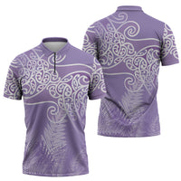 Aotearoa Maori Koru Curves Zipper Polo Shirt Silver Ferns - Amethyst