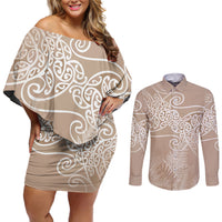 Aotearoa Maori Koru Curves Couples Matching Off Shoulder Short Dress and Long Sleeve Button Shirt Silver Ferns - Mocha