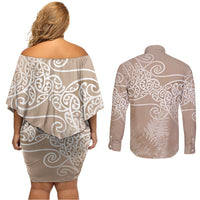 Aotearoa Maori Koru Curves Couples Matching Off Shoulder Short Dress and Long Sleeve Button Shirt Silver Ferns - Mocha