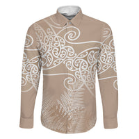 Aotearoa Maori Koru Curves Family Matching Off Shoulder Maxi Dress and Hawaiian Shirt Silver Ferns - Mocha LT7 Dad's Shirt - Long Sleeve Beige - Polynesian Pride