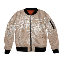 Aotearoa Maori Koru Curves Sleeve Zip Bomber Jacket Silver Ferns - Mocha