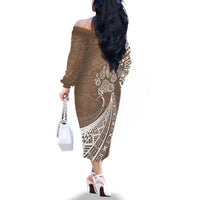 Personalised Polynesian Pacific Bulldog Off The Shoulder Long Sleeve Dress With Brown Hawaii Tribal Tattoo Patterns LT7 - Polynesian Pride