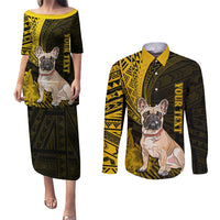 Personalised Polynesian Pacific Bulldog Couples Matching Puletasi Dress and Long Sleeve Button Shirts With Gold Hawaii Tribal Tattoo Patterns LT7 Gold - Polynesian Pride