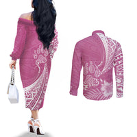 Personalised Polynesian Pacific Bulldog Couples Matching Off The Shoulder Long Sleeve Dress and Long Sleeve Button Shirts With Pink Hawaii Tribal Tattoo Patterns LT7 - Polynesian Pride