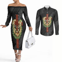 Hawaii Ka Pule a ka Haku Memorial Couples Matching Off The Shoulder Long Sleeve Dress and Long Sleeve Button Shirt Flower Lei Cross - Black LT7 Black - Polynesian Pride