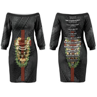 Hawaii Ka Pule a ka Haku Memorial Couples Matching Off The Shoulder Long Sleeve Dress and Long Sleeve Button Shirt Flower Lei Cross - Black LT7 - Polynesian Pride