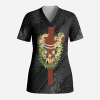 Hawaii Ka Pule a ka Haku Memorial Scrub Top Flower Lei Cross - Black LT7 Adult Black - Polynesian Pride