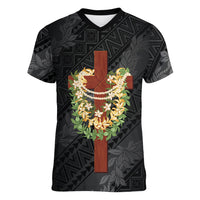 Hawaii Ka Pule a ka Haku Memorial Women V-Neck T-Shirt Flower Lei Cross - Black LT7 Female Black - Polynesian Pride