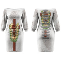 Hawaii Ka Pule a ka Haku Memorial Couples Matching Off The Shoulder Long Sleeve Dress and Hawaiian Shirt Flower Lei Cross - Ivory White LT7 - Polynesian Pride