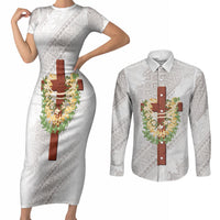 Hawaii Ka Pule a ka Haku Memorial Couples Matching Short Sleeve Bodycon Dress and Long Sleeve Button Shirt Flower Lei Cross - Ivory White LT7 Ivory - Polynesian Pride