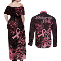 Polynesian Couples Matching Off Shoulder Maxi Dress and Long Sleeve Button Shirts Breast Cancer RIbbon Butterfly Mix Plumeria Curves Pink LT7 - Polynesian Pride