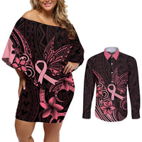 Polynesian Couples Matching Off Shoulder Short Dress and Long Sleeve Button Shirts Breast Cancer RIbbon Butterfly Mix Plumeria Curves Pink LT7 Black Pink - Polynesian Pride