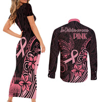 Polynesian Couples Matching Short Sleeve Bodycon Dress and Long Sleeve Button Shirts Breast Cancer RIbbon Butterfly Mix Plumeria Curves Pink LT7 - Polynesian Pride