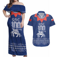 Queen Salote College 100 Years Anniversary Personalized Couples Matching Off Shoulder Maxi Dress and Hawaiian Shirt Tonga QSC Royal Blue - Polynesian Pride