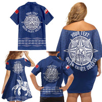 Queen Salote College 100 Years Anniversary Personalized Family Matching Off Shoulder Short Dress and Hawaiian Shirt Tonga QSC Royal Blue LT7 - Polynesian Pride
