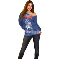 Queen Salote College 100 Years Anniversary Personalized Off Shoulder Sweater Tonga QSC Royal Blue - Polynesian Pride