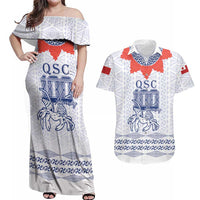Queen Salote College 100 Years Anniversary Personalized Couples Matching Off Shoulder Maxi Dress and Hawaiian Shirt Tonga QSC White - Polynesian Pride