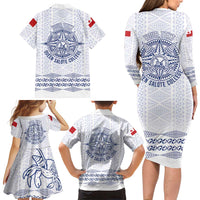 Queen Salote College 100 Years Anniversary Personalized Family Matching Long Sleeve Bodycon Dress and Hawaiian Shirt Tonga QSC White LT7 - Polynesian Pride