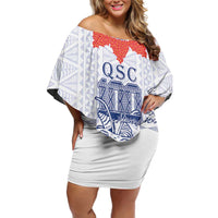 Queen Salote College 100 Years Anniversary Personalized Family Matching Off Shoulder Short Dress and Hawaiian Shirt Tonga QSC White LT7 Mom's Dress White - Polynesian Pride