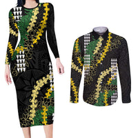 Hawaii Aloha Kakau Couples Matching Long Sleeve Bodycon Dress and Long Sleeve Button Shirt Puakenikeni and Maile Lei Twist LT7 Black - Polynesian Pride