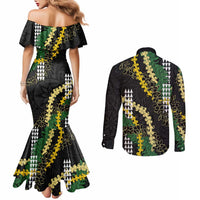Hawaii Aloha Kakau Couples Matching Mermaid Dress and Long Sleeve Button Shirt Puakenikeni and Maile Lei Twist LT7 - Polynesian Pride