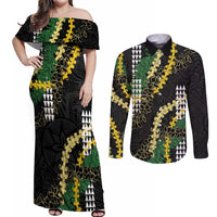 Hawaii Aloha Kakau Couples Matching Off Shoulder Maxi Dress and Long Sleeve Button Shirt Puakenikeni and Maile Lei Twist LT7 Black - Polynesian Pride