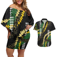 Hawaii Aloha Kakau Couples Matching Off Shoulder Short Dress and Hawaiian Shirt - Puakenikeni and Maile Lei Twist LT7 Black - Polynesian Pride