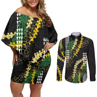 Hawaii Aloha Kakau Couples Matching Off Shoulder Short Dress and Long Sleeve Button Shirt Puakenikeni and Maile Lei Twist LT7 Black - Polynesian Pride