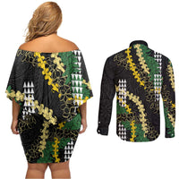 Hawaii Aloha Kakau Couples Matching Off Shoulder Short Dress and Long Sleeve Button Shirt Puakenikeni and Maile Lei Twist LT7 - Polynesian Pride