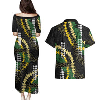 Hawaii Aloha Kakau Couples Matching Puletasi and Hawaiian Shirt Puakenikeni and Maile Lei Twist LT7 - Polynesian Pride