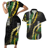 Hawaii Aloha Kakau Couples Matching Short Sleeve Bodycon Dress and Hawaiian Shirt Puakenikeni and Maile Lei Twist LT7 Black - Polynesian Pride