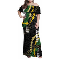 Hawaii Aloha Kakau Family Matching Off Shoulder Maxi Dress and Hawaiian Shirt Puakenikeni and Maile Lei Twist LT7 Mom's Dress Black - Polynesian Pride