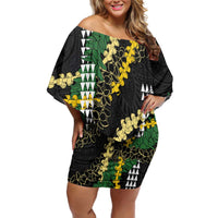 Hawaii Aloha Kakau Family Matching Off Shoulder Short Dress and Hawaiian Shirt Puakenikeni and Maile Lei Twist LT7 Mom's Dress Black - Polynesian Pride