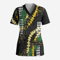 Hawaii Aloha Kakau Scrub Top Puakenikeni and Maile Lei Twist LT7 Adult Black - Polynesian Pride