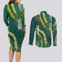 Hawaii Aloha Kakau Couples Matching Long Sleeve Bodycon Dress and Long Sleeve Button Shirt Green Puakenikeni and Maile Lei Twist LT7 - Polynesian Pride