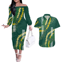 Hawaii Aloha Kakau Couples Matching Off The Shoulder Long Sleeve Dress and Hawaiian Shirt Green Puakenikeni and Maile Lei Twist LT7 Green - Polynesian Pride