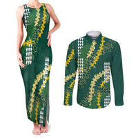 Hawaii Aloha Kakau Couples Matching Tank Maxi Dress and Long Sleeve Button Shirt Green Puakenikeni and Maile Lei Twist LT7 Green - Polynesian Pride