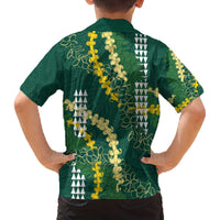 Hawaii Aloha Kakau Family Matching Off The Shoulder Long Sleeve Dress and Hawaiian Shirt Green Puakenikeni and Maile Lei Twist LT7 - Polynesian Pride