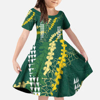 Hawaii Aloha Kakau Family Matching Off The Shoulder Long Sleeve Dress and Hawaiian Shirt Green Puakenikeni and Maile Lei Twist LT7 Daughter's Dress Green - Polynesian Pride