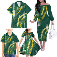 Hawaii Aloha Kakau Family Matching Off The Shoulder Long Sleeve Dress and Hawaiian Shirt Green Puakenikeni and Maile Lei Twist LT7 - Polynesian Pride